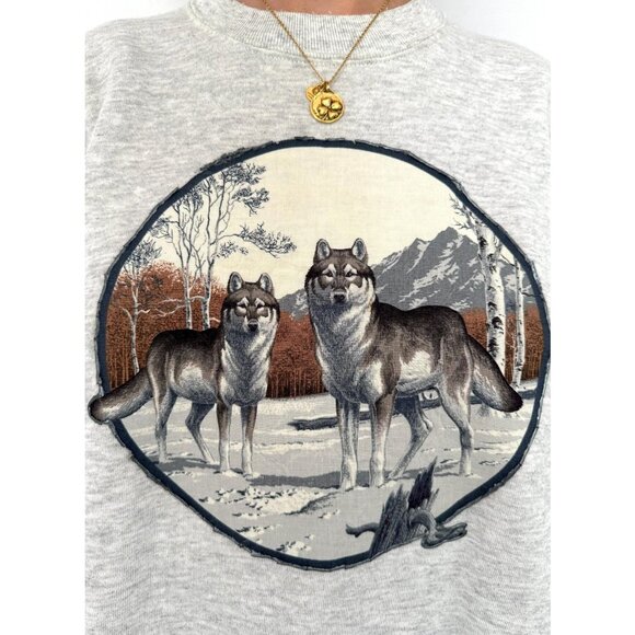 90s vintage grey unisex animal wolf nature graphic crewneck pullover sweater - Picture 8 of 10